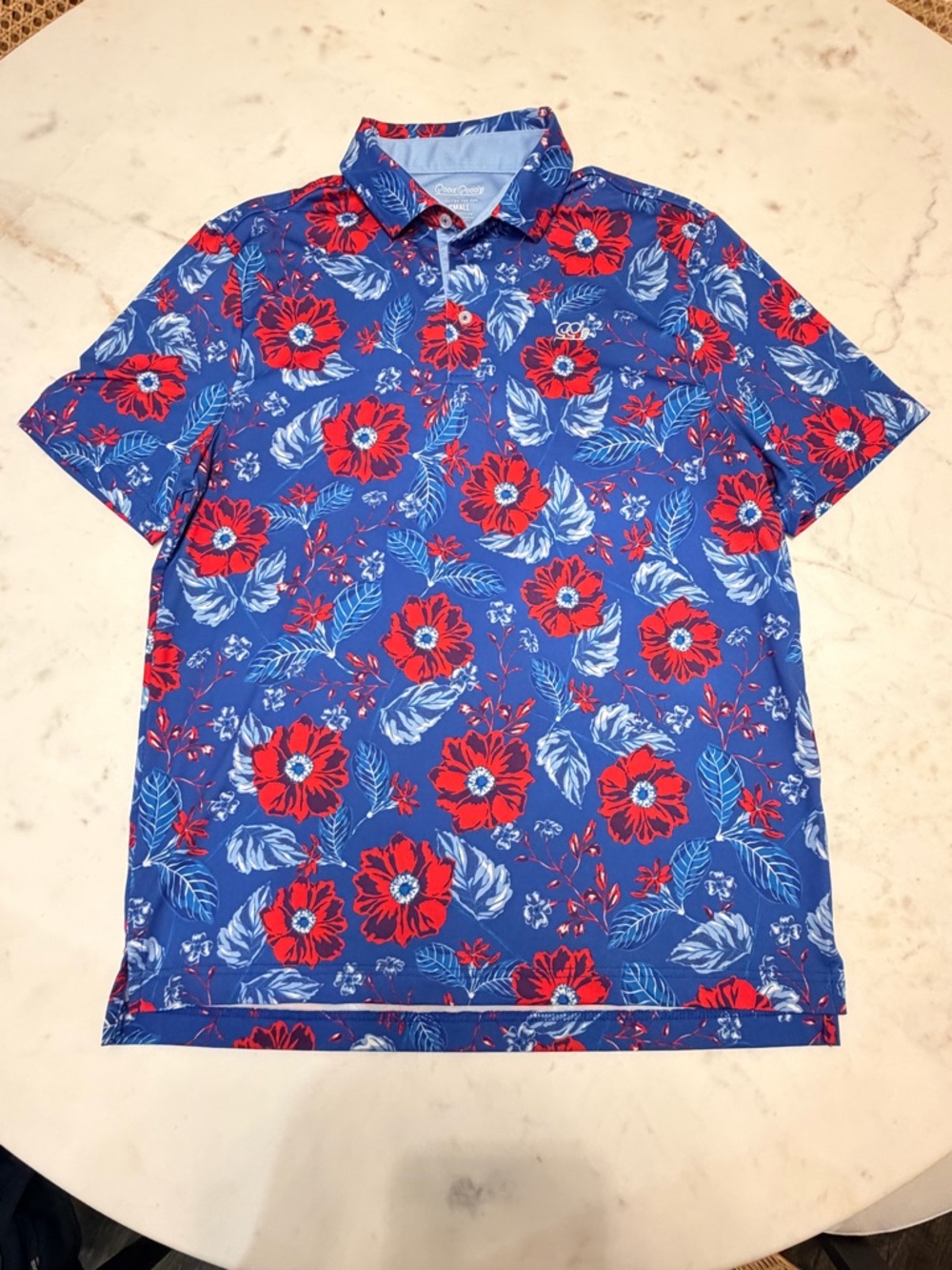 Like New Men's Good Good Golf 
Polo Blue With Floral Print Size Small